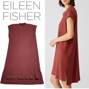 Eileen Fisher Textured Stretch Rib Crew Neck Dress Size Small Boxy Terracotta.
